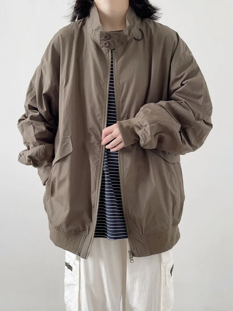 HOUZHOU Harajuku Japanese Style Bomber Jackets Women Hippie Korean Streetwear Solid Zip Up Cargo Jacket Oversize Casual Coat Front Pockets Side Pockets Patch Pockets