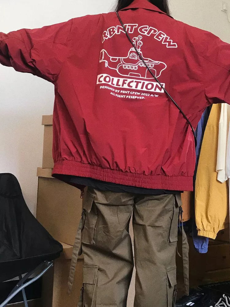 HOUZHOU Harajuku Red Bomber Jackets Women Vintage Streetwear Y2K Oversize Jacket Female Hip Hop Korean Zip Up Coat Wind-proof A-Line Jacket Boat Neck Shawl Collar