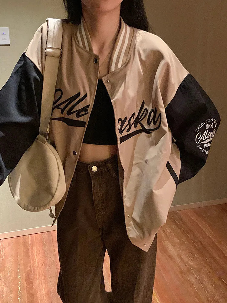 HOUZHOU Vintage Harajuku Letter Bomber Jackets Women Y2K 90s Streetwear Korean Patchwork Oversize Loose Baseball Jakcet Coats Striped Jacket Polka Dot Jacket Floral Jacket