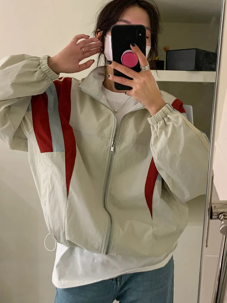 HOUZHOU Vintage Patchwork Striped Bomber Jacket Women Korean Y2K Oversize Zipper Windbreaker Jackets Harajuku Retro Coat Outfits Rayon Jacket Velvet Jacket Corduroy Jacket