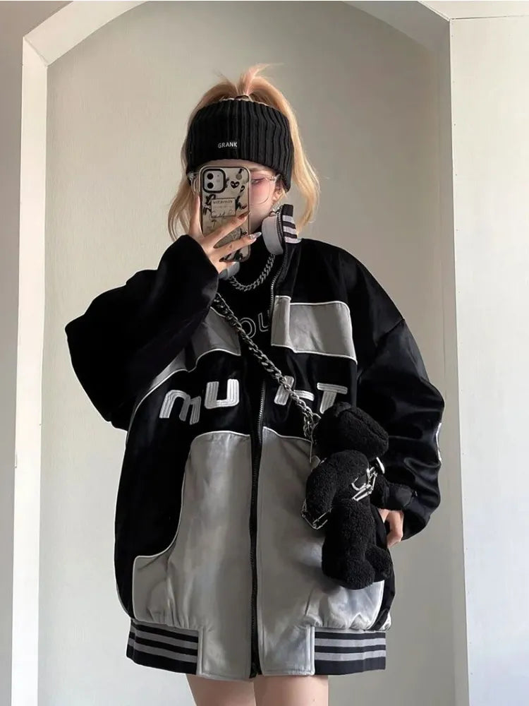 HOUZHOU Y2K Cyber Punk Black Baseball Jacket Women Hip Hop Techwear Japanese Patchwork Winter Jackets Harajuku Edgy Style Coat Wool Jacket Cashmere Jacket Tweed Jacket