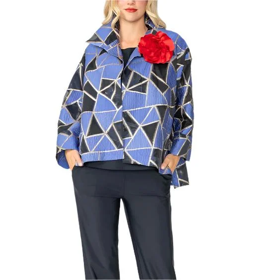 IC Collection Geometric Metallic Jacquard Jacket in Blue - 6755J-BLU Corduroy Jacket Velvet Jacket Brocade Jacket