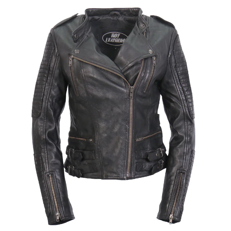 Hot Leathers JKL1030 Ladies Lightweight Motorcycle Black Leather Biker Jacket with Side Buckles Print Jacket Jacquard Jacket Embroidered Jacket