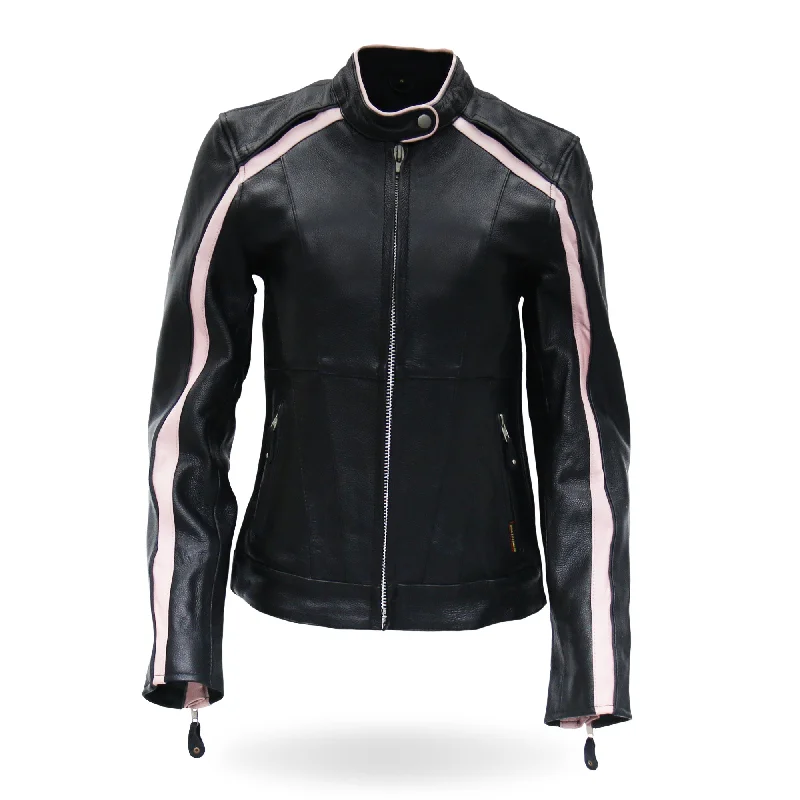 Hot Leathers JKL1022 Pink Striped Motorcycle Leather Biker Jacket with Reflective Piping Lace Jacket Ribbed Jacket Sequined Jacket