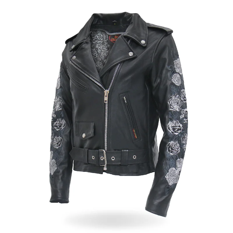 Hot Leathers Rose Embroidered Ladies Motorcycle Style Leather Jacket Quilted Jacket Puffer Jacket Insulated Jacket