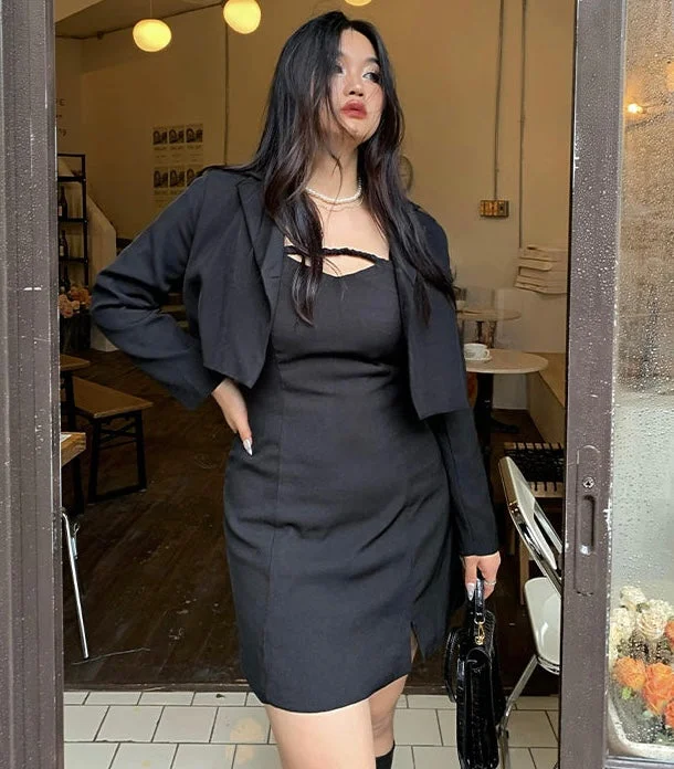 Kim Solid Color Black Spaghetti Straps Mini Dress Cropped Blazer Jacket Two Piece Matching Set Ribbed Jacket Pleated Jacket Ruffled Jacket