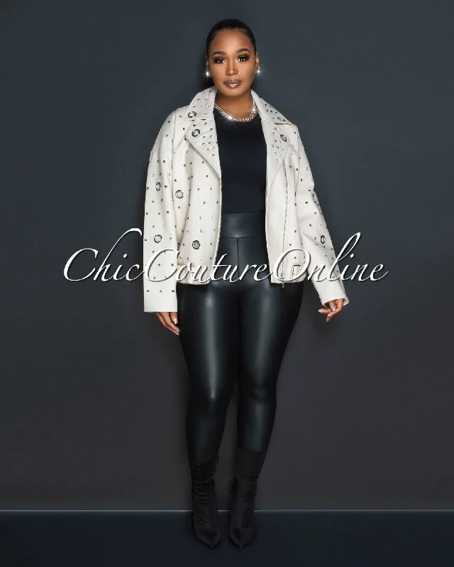 Kizzie Cream Vegan Leather Spikes Oversized Jacket Welt Pockets Slit Pockets Flap Pockets