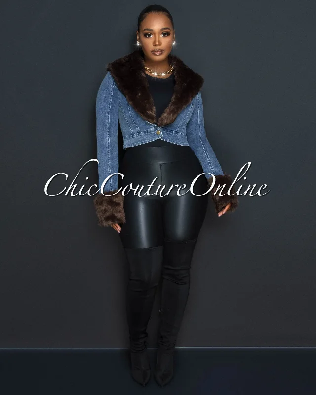 Leroy Dark Denim Brown Faux Fur Crop Jacket Hoodie Zip-Up Jacket Button-Up Jacket