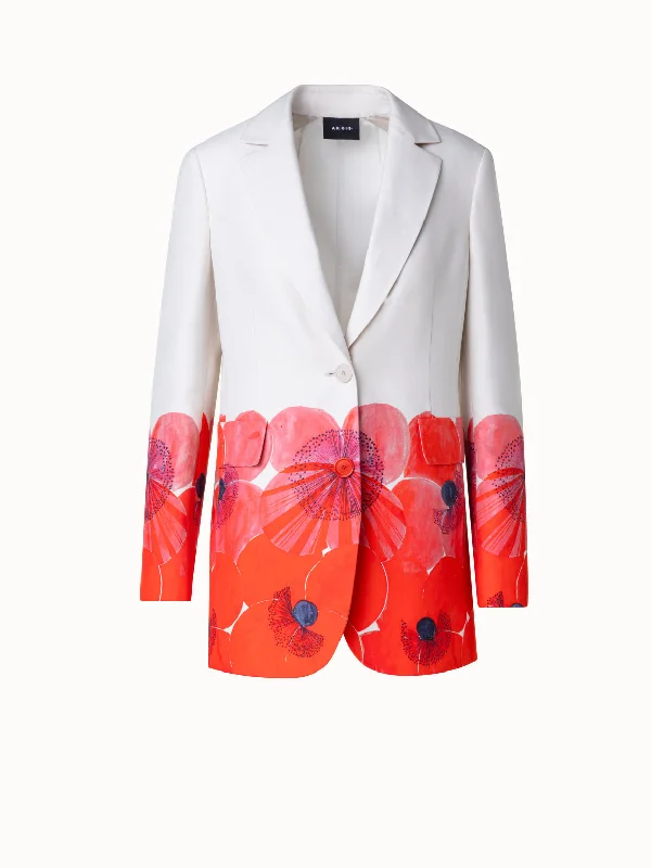 Long Cotton Silk Double-Face Jacket with Poppy Print Ribbed Jacket Pleated Jacket Ruffled Jacket