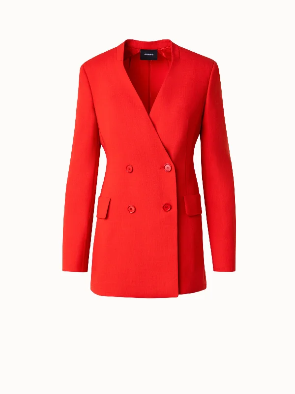 Long Double-Breasted Jacket in Wool Double-Face Welt Pockets Slit Pockets Flap Pockets