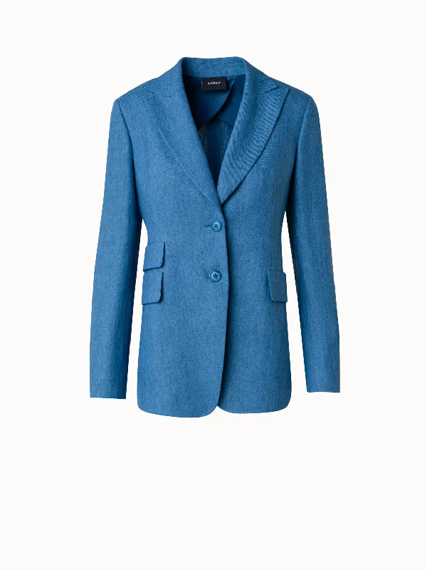 Long Linen Gabardine Jacket with Peak Lapel Snapped Jacket Toggled Jacket Drawstring Jacket
