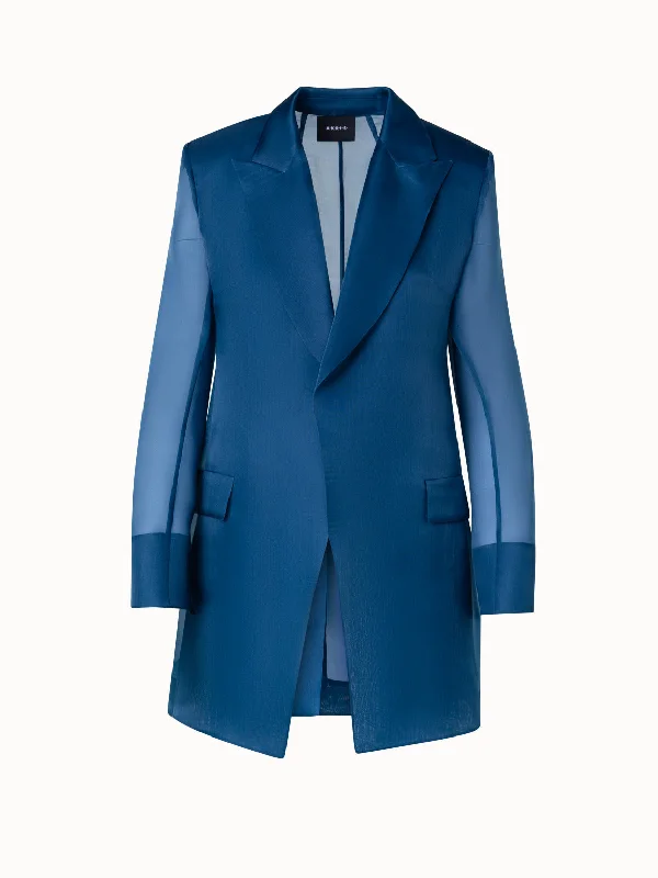 Long Tailored Silk Jacket with Semi-Sheer Sleeves Insulated Jacket Fitted Jacket Loose Jacket