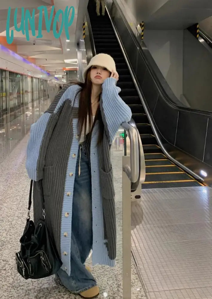 Lunivop Casual Loose Lace Up Collar Knitted Long Jacket Female Chic Solid Long Sleeve Overcoat  Autumn Winter Warm Cloak Fleece Jacket Down Jacket Feather Jacket