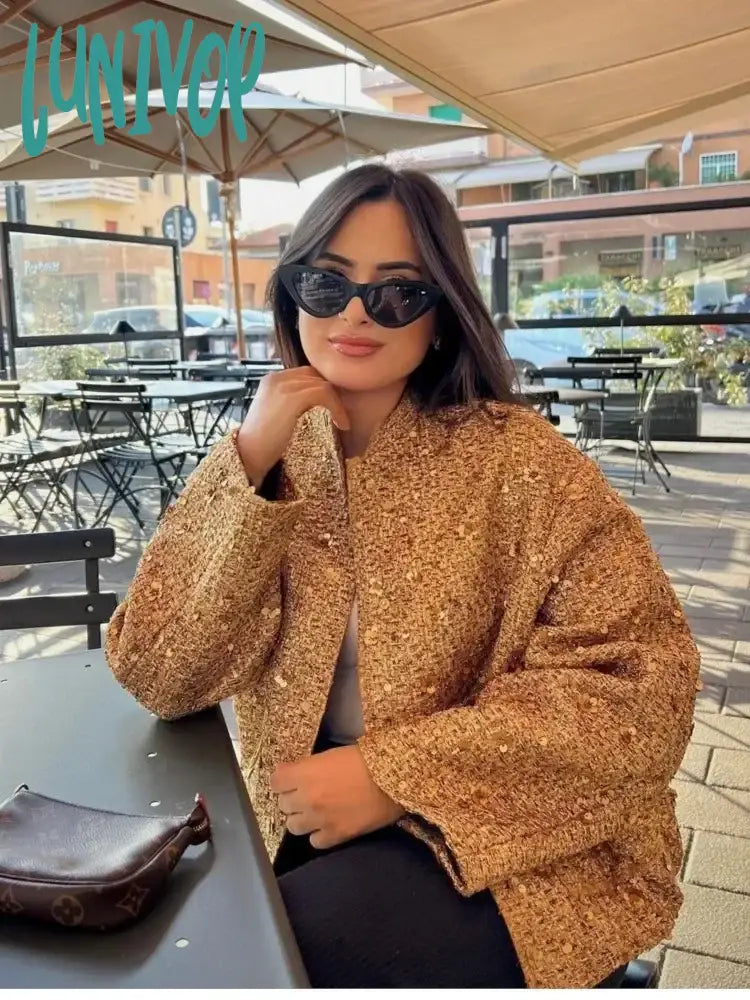 Lunivop Elegant Sequin Gold O Neck Jacket For Women Fashion Loose Long Sleeve Coat Autumn Winter Street Female Chic Outwear Elasticated Jacket Padded Jacket Insulated Jacket