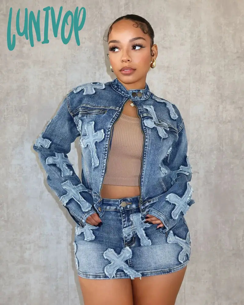 Lunivop Fashion Streetwear Women Embroiderie Long Sleeve Zipper Denim Jackets Coat and Mini Skirts Jeans Suit Two Piece Set Outfit Women Plaid Jacket Tartan Jacket Houndstooth Jacket