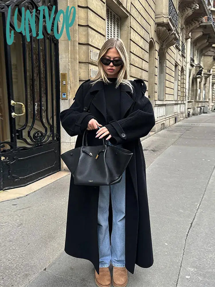 Lunivop inter Wool Mix Double-breasted Belt Jacket Lady Chic Casual Lapel Collar Pockets Overcoats Women Elegant High Streetwear Boat Neck Shawl Collar Notched Collar