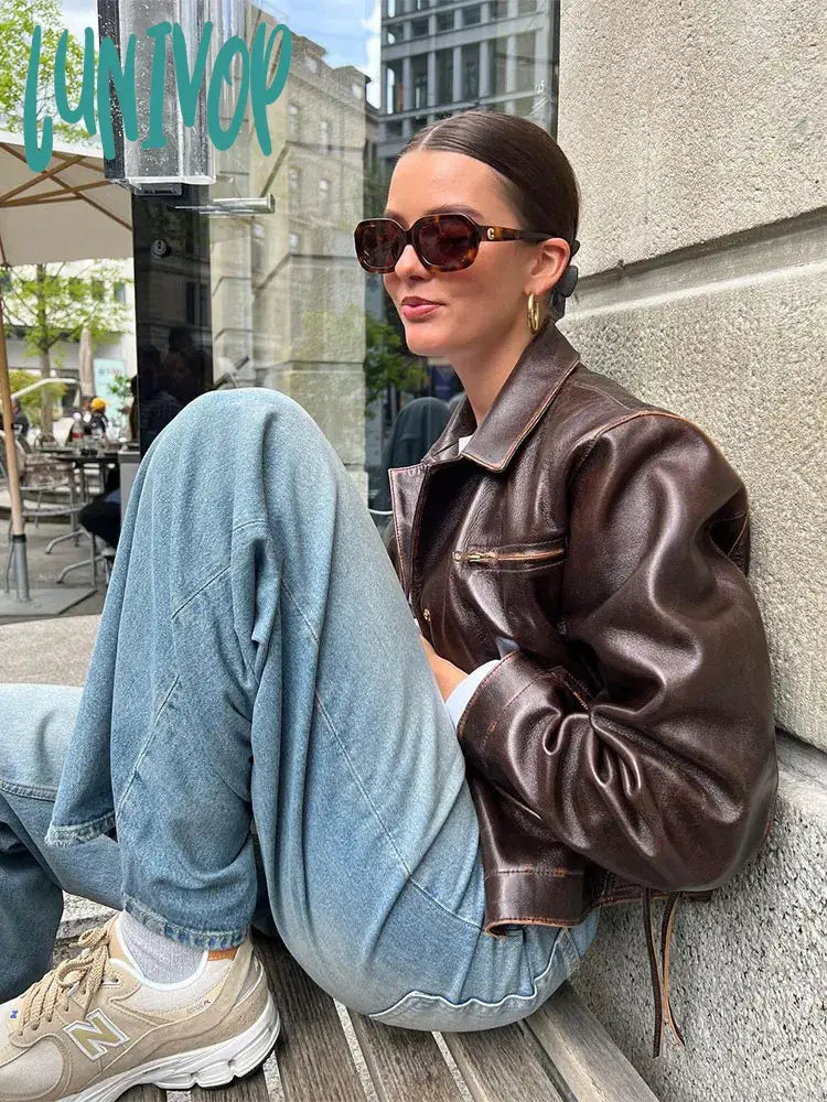 Lunivop Women Elegant Chic Side Lace Up Short Leather Jacket Fashion Lapel Long Sleeve Pocket Crop Coat Autumn Lady High Streetwear Toggled Jacket Drawstring Jacket Belted Jacket