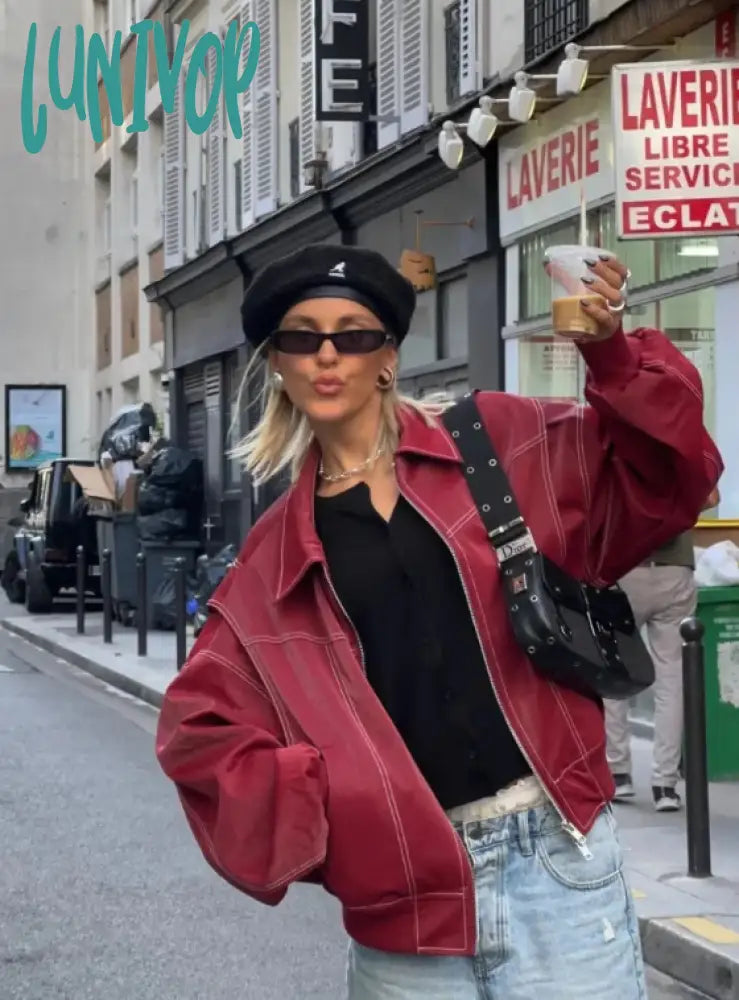Lunivop Women Contrast Stitching Red Jacket Fashion Lapel Long Sleeve Zippered Leather Coat Autumn Female Elegant Streetwear Embroidered Jacket Appliqued Jacket Beaded Jacket