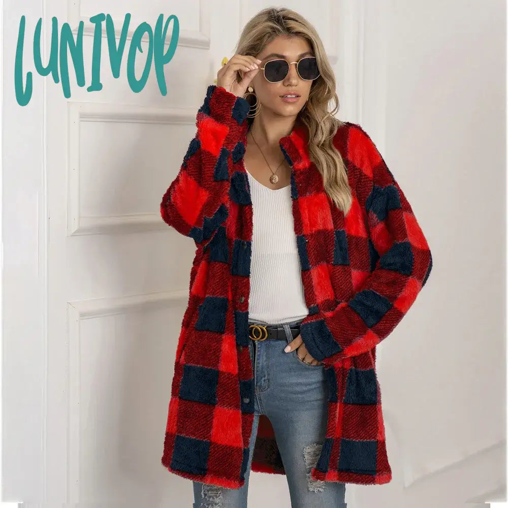 Lunivop Women's jacket wool coat plaid long coat coat fashion long-sleeved jacket women autumn and winter casual jacket women streetwear Cardigan Sweater Pullover