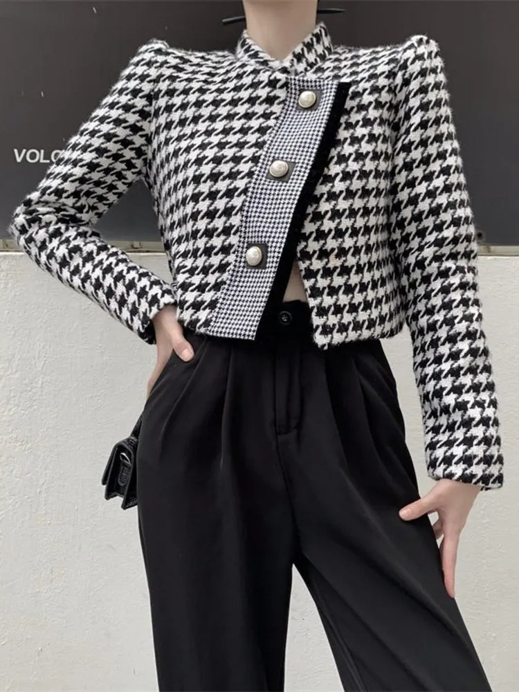 Luxury Brand Houndstooth Vintage Tweed Jacket Coat New Autumn Winter Fashion High Street Small Fragrance Woolen Short Outerwear Plaid Jacket Tartan Jacket Houndstooth Jacket