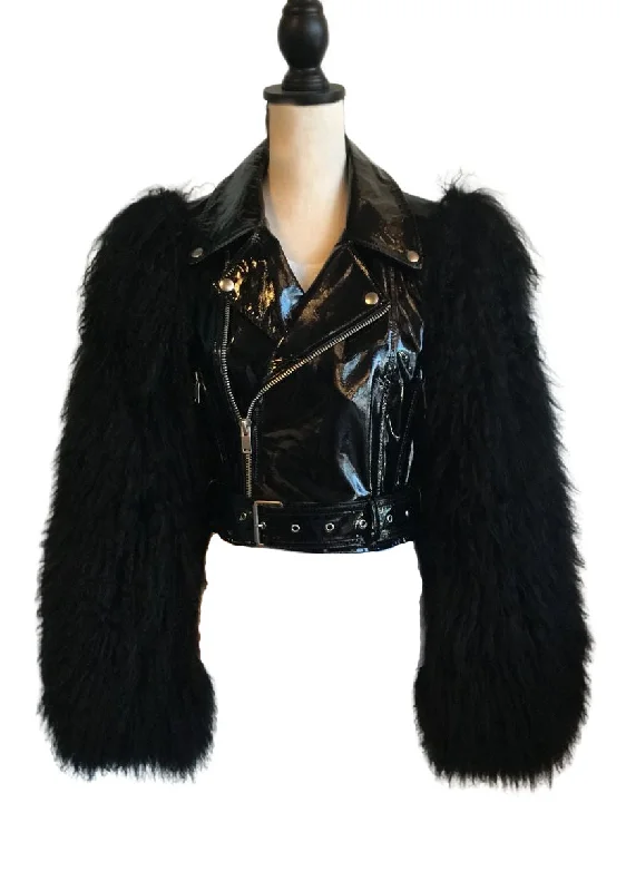 Madonna and Co Leather Biker Jacket with Fluffy Fur Sleeves Notch Collar Peter Pan Collar Cowl Neck