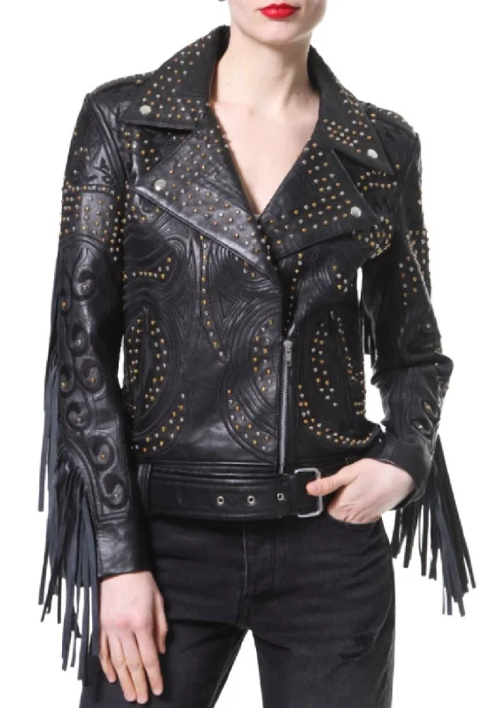 Madonna and Co Studded Fringe Leather Biker Jacket Fleece Jacket Down Jacket Parka
