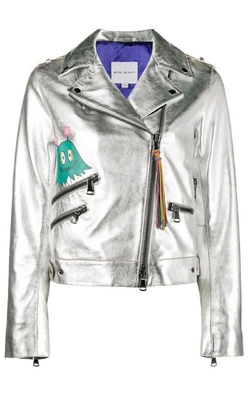 Hand-Painted Metallic Leather Jacket A-Line Jacket Boat Neck Shawl Collar