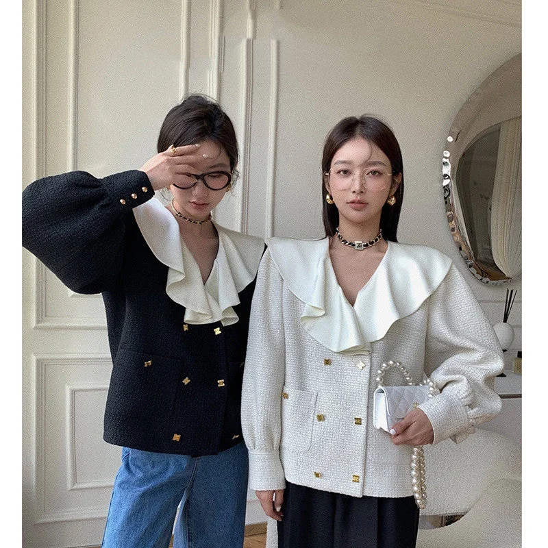 New Autumn And Winter Gold Buckle Tweed Jacket Women Trench Coat Raincoat Waterproof Jacket