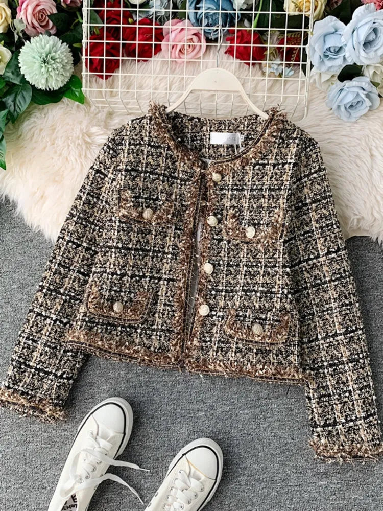 New Autumn Winter Vintage Tweed Jacket Coat Women Small Fragrance Patchwork Korean Woollen Cropped Coats Elegant Short Outerwear Herringbone Jacket Checkered Jacket Solid Jacket