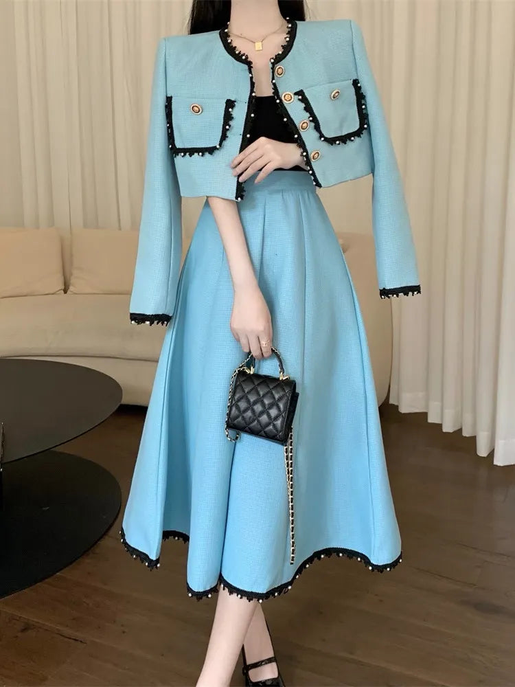 New Spring Korean Sweet Two Piece Set Women Jacket Coat + Long Skirt Suits Small Fragrance Beading 2 Piece Sets Women Outfits Satin Jacket Silk Jacket Chiffon Jacket