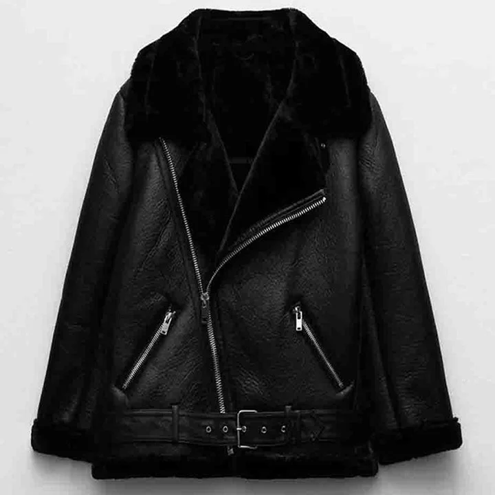 New Women's Sheepskin Leather Biker Jacket with Belt Faux Fur Jacket Real Fur Jacket Shearling Jacket