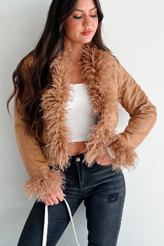 Nostalgia Trip Faux Fur Trimmed Jacket (Camel) V-Neck Jacket Boat Neck Jacket Square Neck Jacket