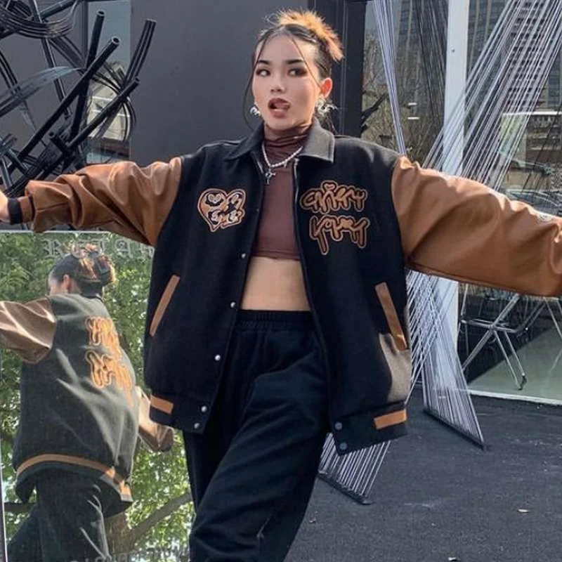 Retro Leather Stitching Baseball Uniform Jacket Snapped Jacket Toggled Jacket Drawstring Jacket