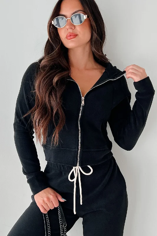Retro Refresh Hooded Fleece Track Jacket (Black) Denim Jacket Leather Jacket Suede Jacket