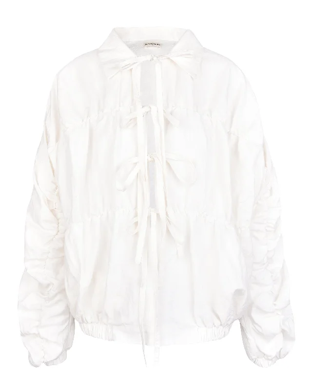 Ruche Tie Jacket - White Ribbed Jacket Pleated Jacket Ruffled Jacket