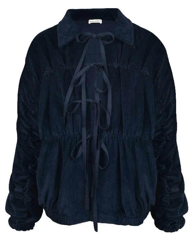 Ruche Tie Jacket - Navy Corduroy Front Pockets Side Pockets Patch Pockets