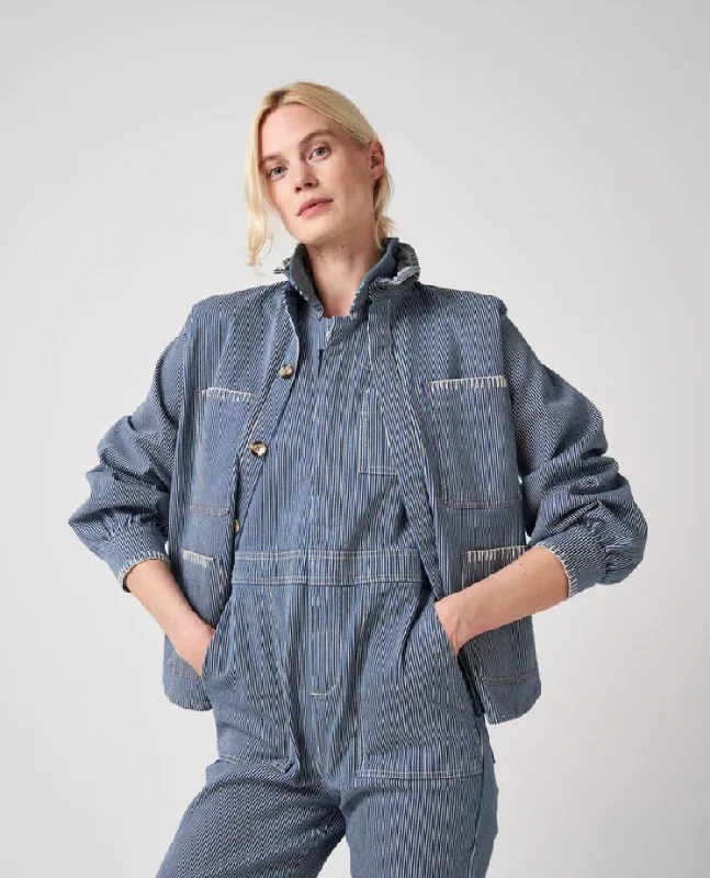 Seventy + Mochi Pablo Striped Denim Jacket Front Pockets Side Pockets Patch Pockets