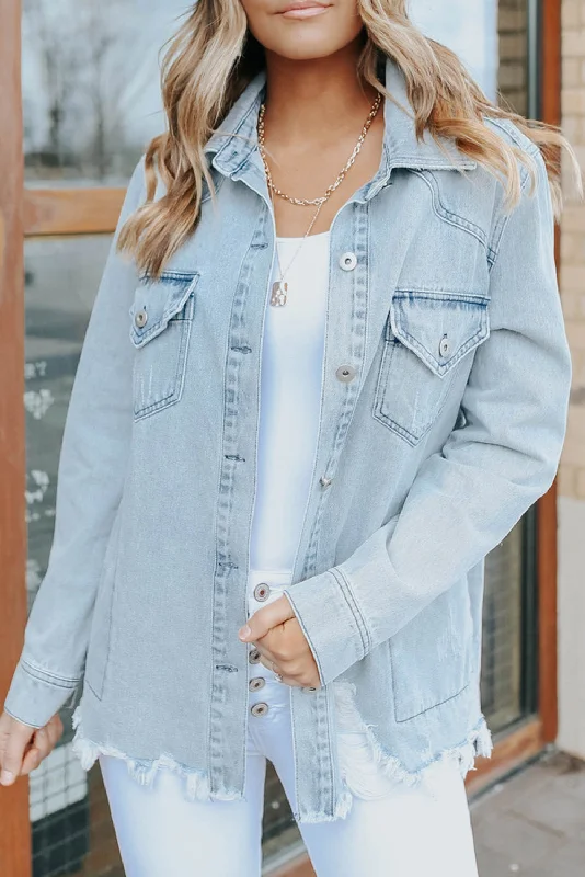 Sky Blue Flap Pocket Buttoned Raw Hem Denim Jacket One-Shoulder Jacket Off-the-Shoulder Jacket Asymmetrical Jacket