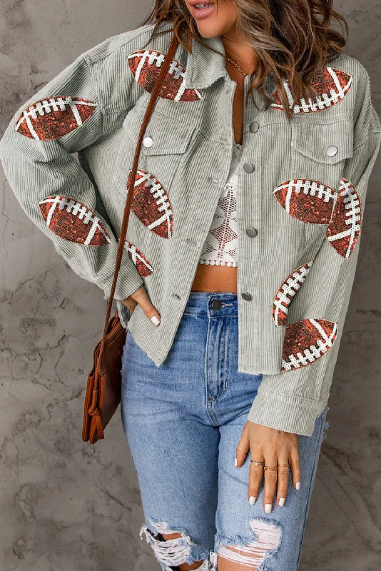 Sky Blue Sequined Rugby Football Patch Ribbed Cotton Jacket Bomber Jacket Anorak Windbreaker