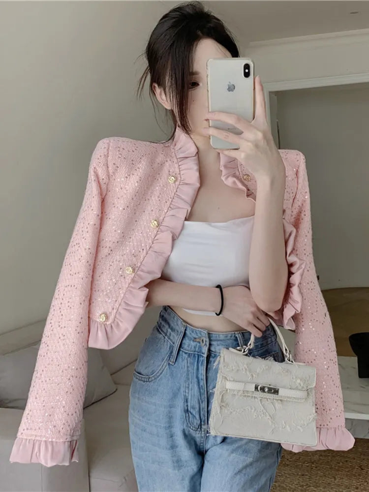 Small Fragrance Sequins Ruffle Tweed Jacket Coat Women French Style Woolen Short Coats Girl Korean Fashion Sweet Outwear Casacos Denim Fabric Leather Fabric Suede Fabric