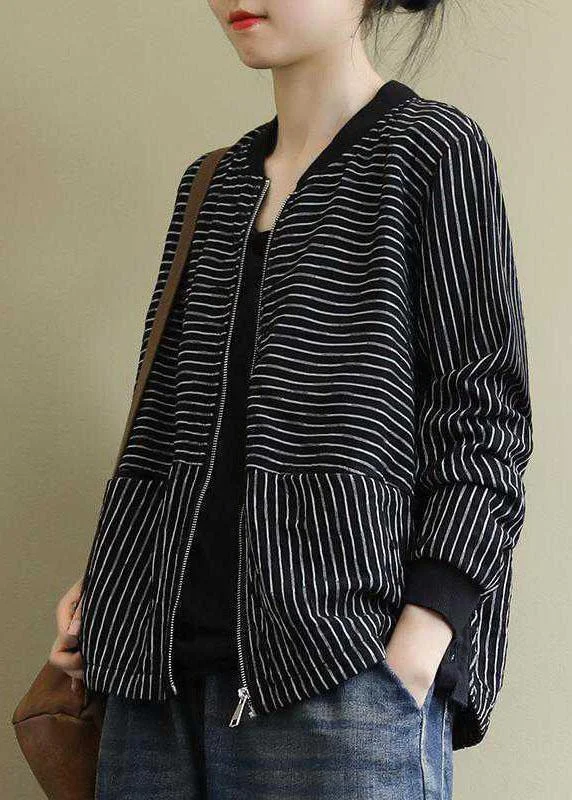 Street Black Striped zippered Pockets Fall Jacket Long sleeve Wool Fabric Cashmere Fabric Tweed Fabric