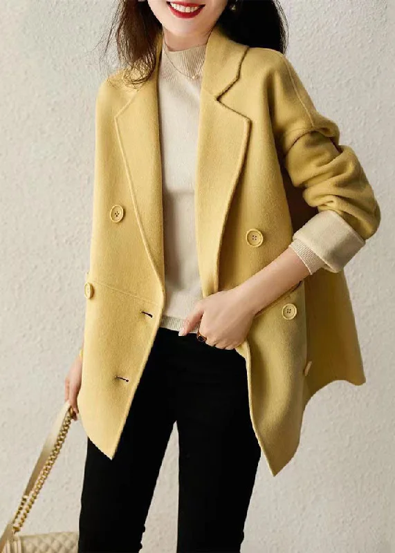 Style Yellow Double Breast Patchwork Woolen Jacket Fall Herringbone Jacket Checkered Jacket Solid Jacket