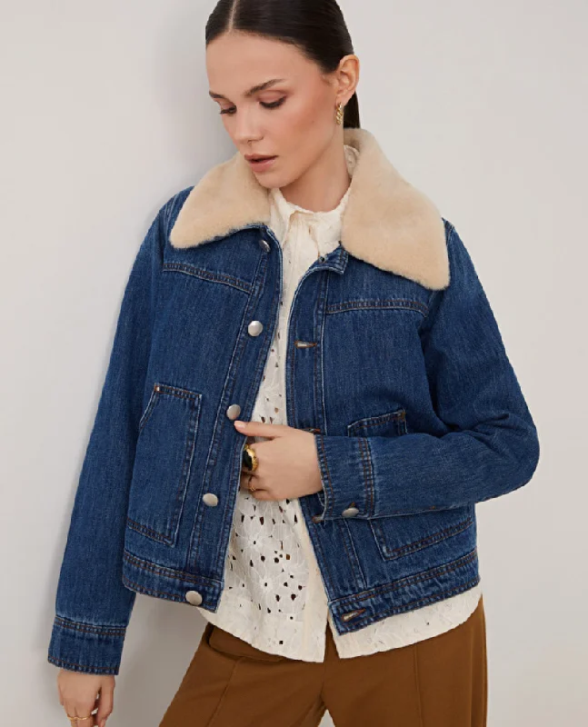 Suncoo Eleonor Blue Denim Jacket With Furry Collar Fitted Jacket Loose Jacket Oversized Jacket