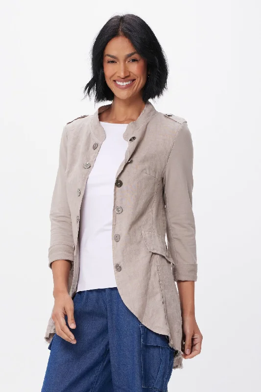 Suzy D Bernie Linen Military Jacket - Taupe Rayon Fabric Velvet Fabric Corduroy Fabric