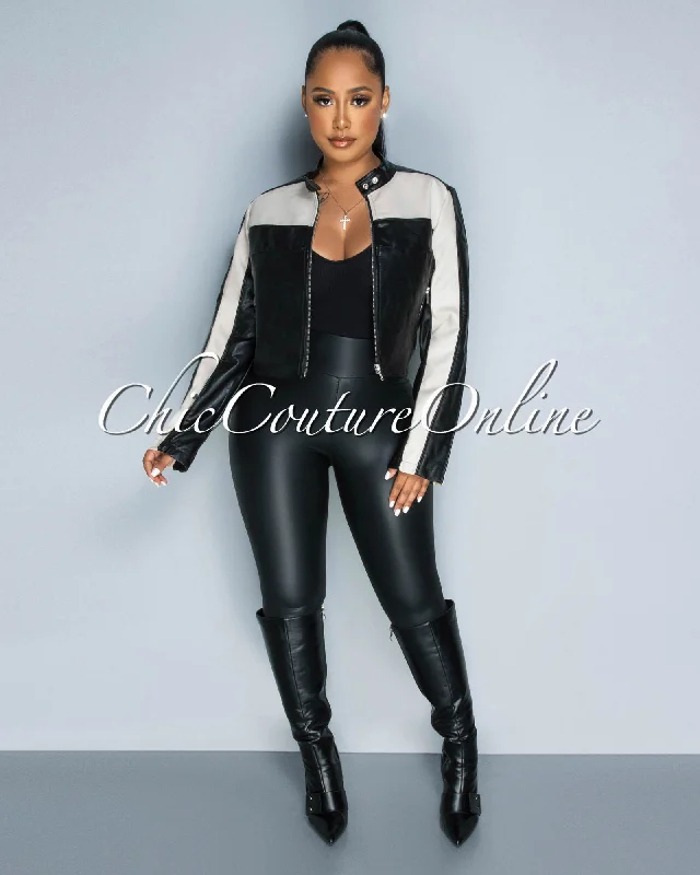 Tahiya Black Cream Vegan Leather Zippered Jacket Welt Pockets Slit Pockets Flap Pockets