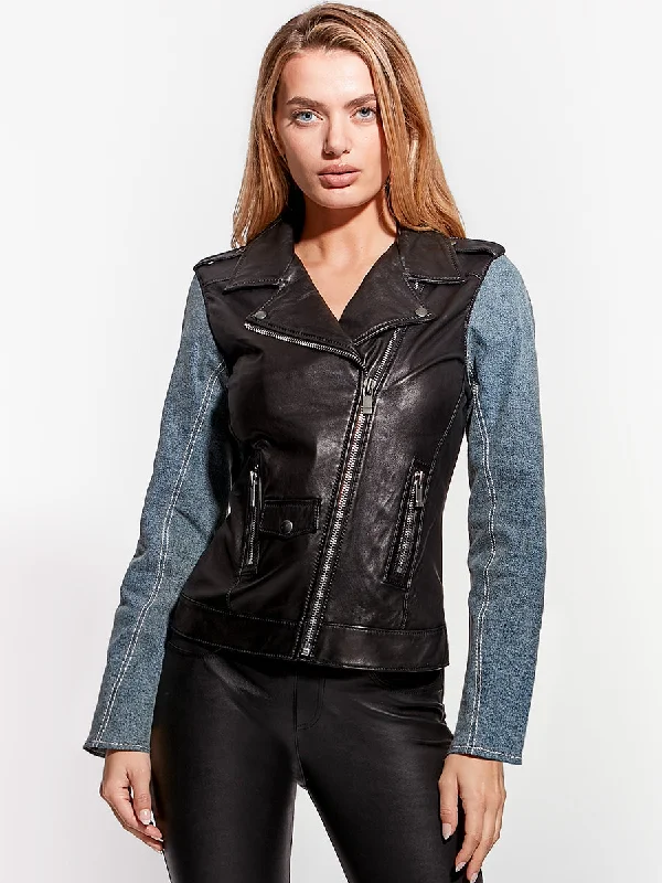 THE EDITOR LEATHER DENIM JACKET Snapped Jacket Toggled Jacket Drawstring Jacket