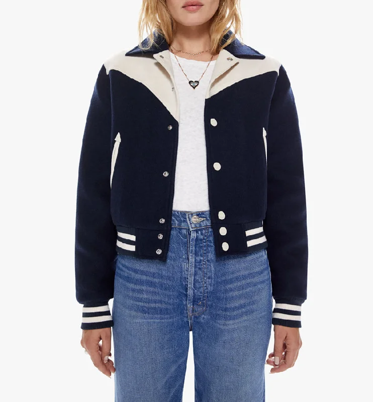 The Western Varsity Bomber Jacket Notch Collar Peter Pan Collar Cowl Neck