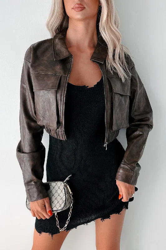 Trust Nobody Faux Leather Crop Jacket (Espresso) Tailored Jacket Straight Jacket A-Line Jacket