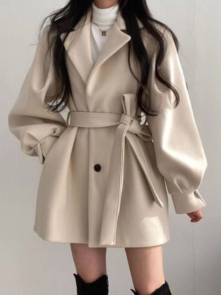 Winter Jacket Women Wool Coat MIDI Style Trench Coat for Women Turn-down Collar Lace-up Tweed Jacket Korean Fashion Office Lady Tailored Jacket Straight Jacket A-Line Jacket