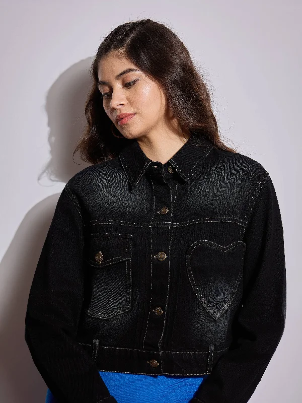 Women Black Denim Heart Pockets Crop Jacket Chenille Jacket Brocade Jacket Lace Jacket